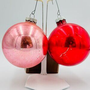 2 VINTAGE  SHINY BRITE MADE USA GLASS Christmas Ornaments Red and Pink 3"